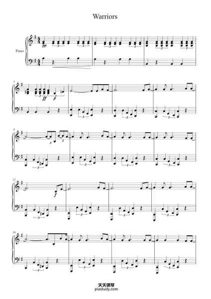 “Warriors”钢琴谱-Composed by Imagine Dragons
Transcribed by Jeremiah Vo-免费下载-天天钢琴