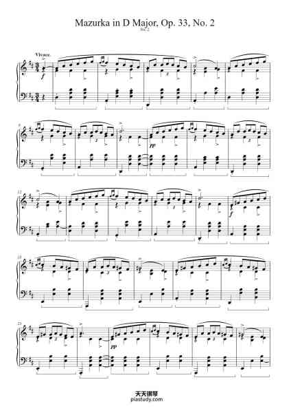 “Mazurka in D Major, Op. 33, No. 2”钢琴谱-F. CHOPIN. Op. 33, Nº 2.-免费下载-天天钢琴