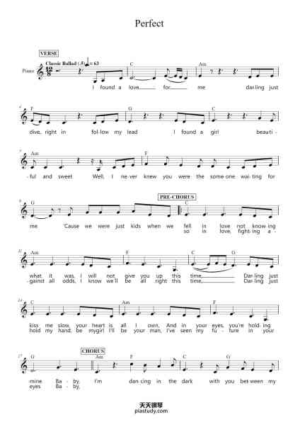 “Perfect”钢琴谱-Music and Lyrics by Ed Sheeran
Arranged by DecPlay.com-免费下载-天天钢琴