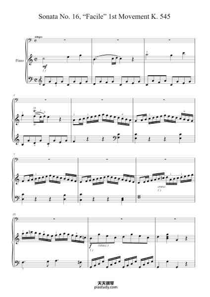 “Piano Sonata No. 16 in C Major, K. 545 "Sonata Facile": I. Allegro”钢琴谱-W.A. Mozart.-免费下载-天天钢琴