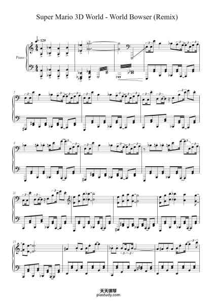 “Super Mario 3D World - World Bowser (Remix) - Piano Solo”钢琴谱-Comp.: Mahito Yokota, K?ji Kond?, Toru Minegishi, Yasuaki Iwata (Re)Remix: NoteBlock Remix Transcription: Fresh Bread Piano Arr.: Vincent Sch?nbach-免费下载-天天钢琴