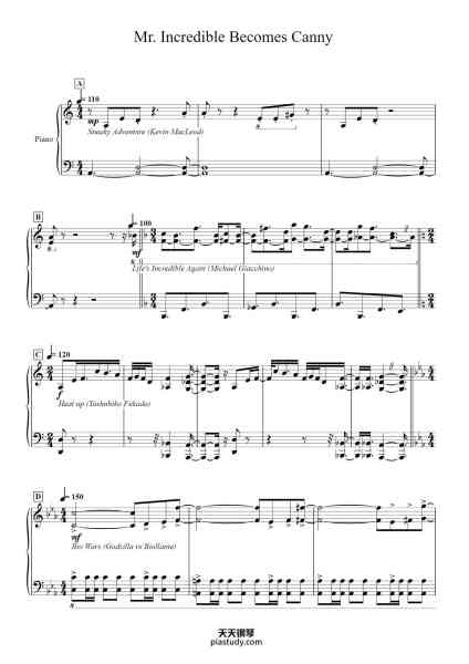 “Mr. Incredible Becomes Canny”钢琴谱-Arranged by:
Lennon Y.
-免费下载-天天钢琴