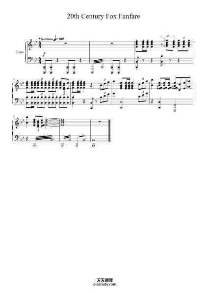 “20th Century Fox Fanfare”钢琴谱-Music by Alfred Newman-免费下载-天天钢琴