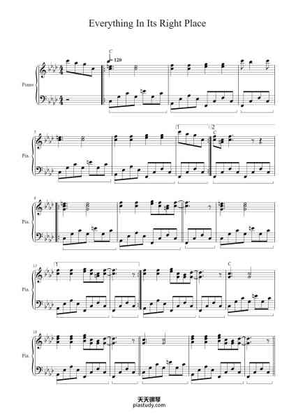 “Everything In Its Right Place”钢琴谱-arr. Michael AKE-免费下载-天天钢琴