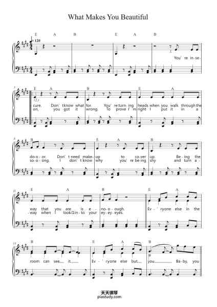 “What Makes You Beautiful”钢琴谱-Words & Music by Savan Kotecha, Carl Falk & Rami Yacoub-免费下载-天天钢琴