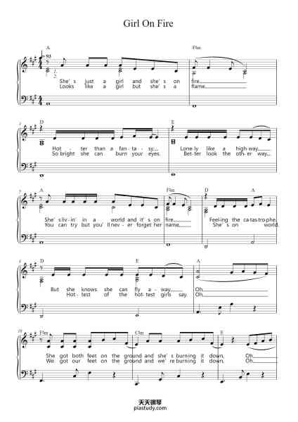 “Girl On Fire”钢琴谱-Words & Music by Alicia Keys, Jeffrey Bhasker,
Salaam Remi & Billy Squier-免费下载-天天钢琴