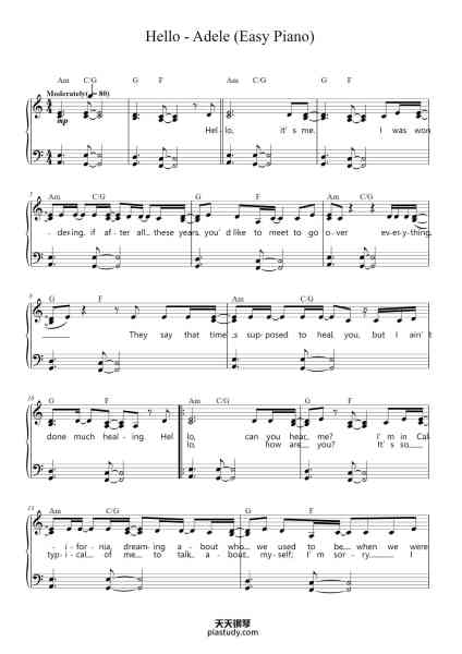 “Hello - Adele (Easy Piano)”钢琴谱-Words and Music by ADELE ADKINS
and GREG KURSTIN-免费下载-天天钢琴