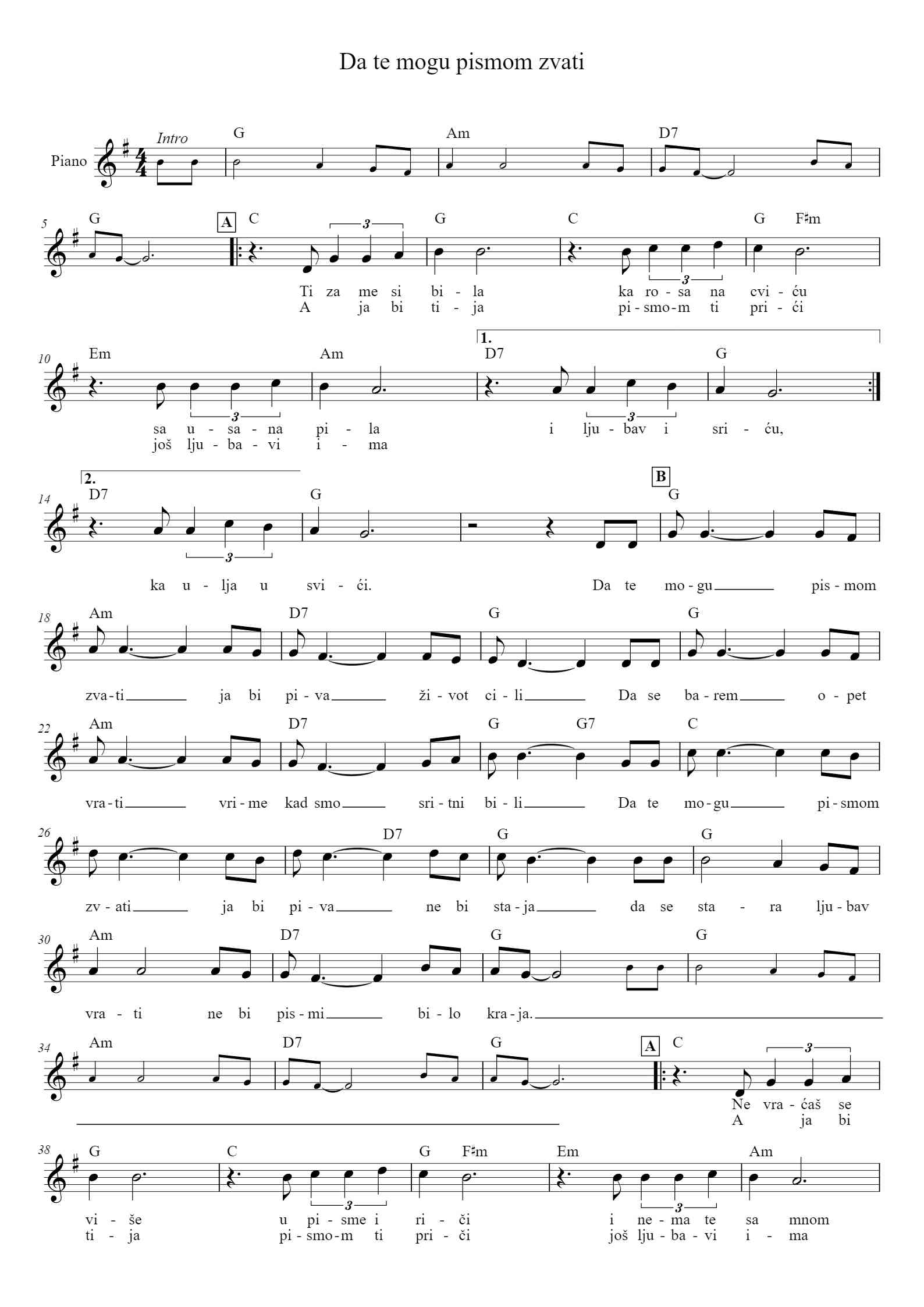 'Da te mogu pismom zvati' - Piano Sheet Music By Frane Bilić | TOPiano