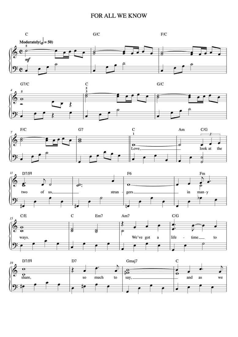 'For All We Know' - Piano Sheet Music By Words by ROBB WILSON and ...