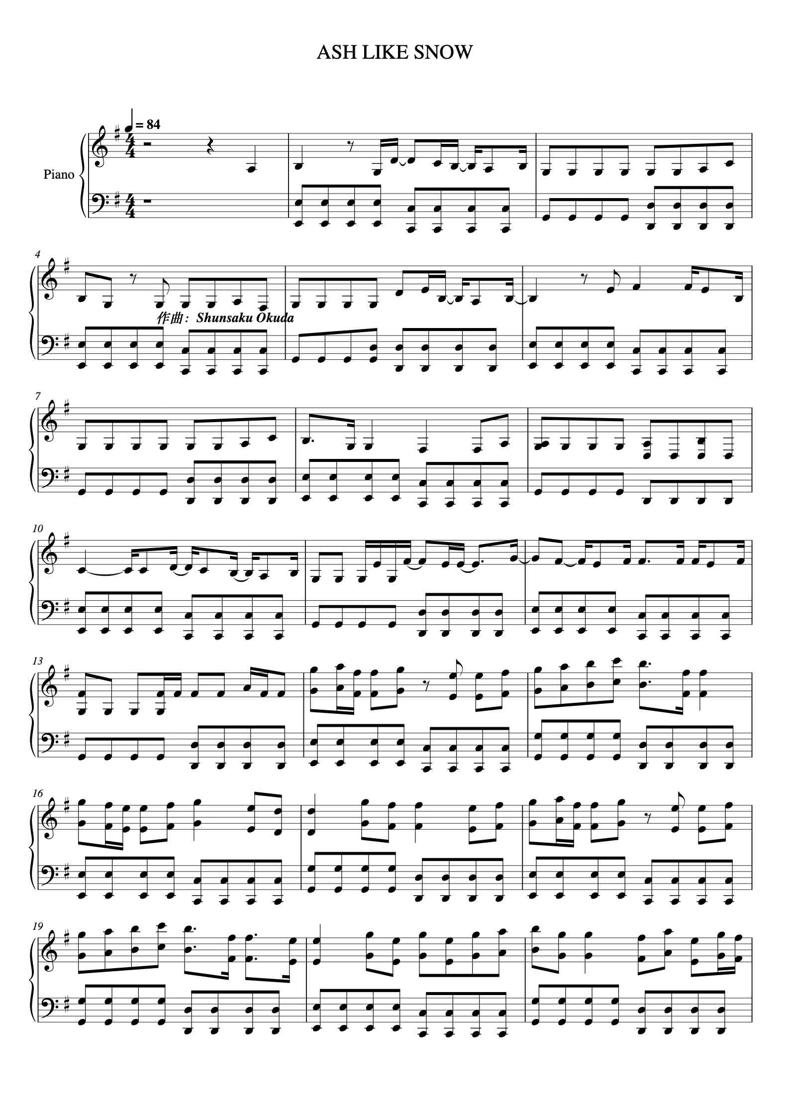 'ASH LIKE SNOW《机动战士高达00 》The Brilliant Green' Beginner Piano Sheet