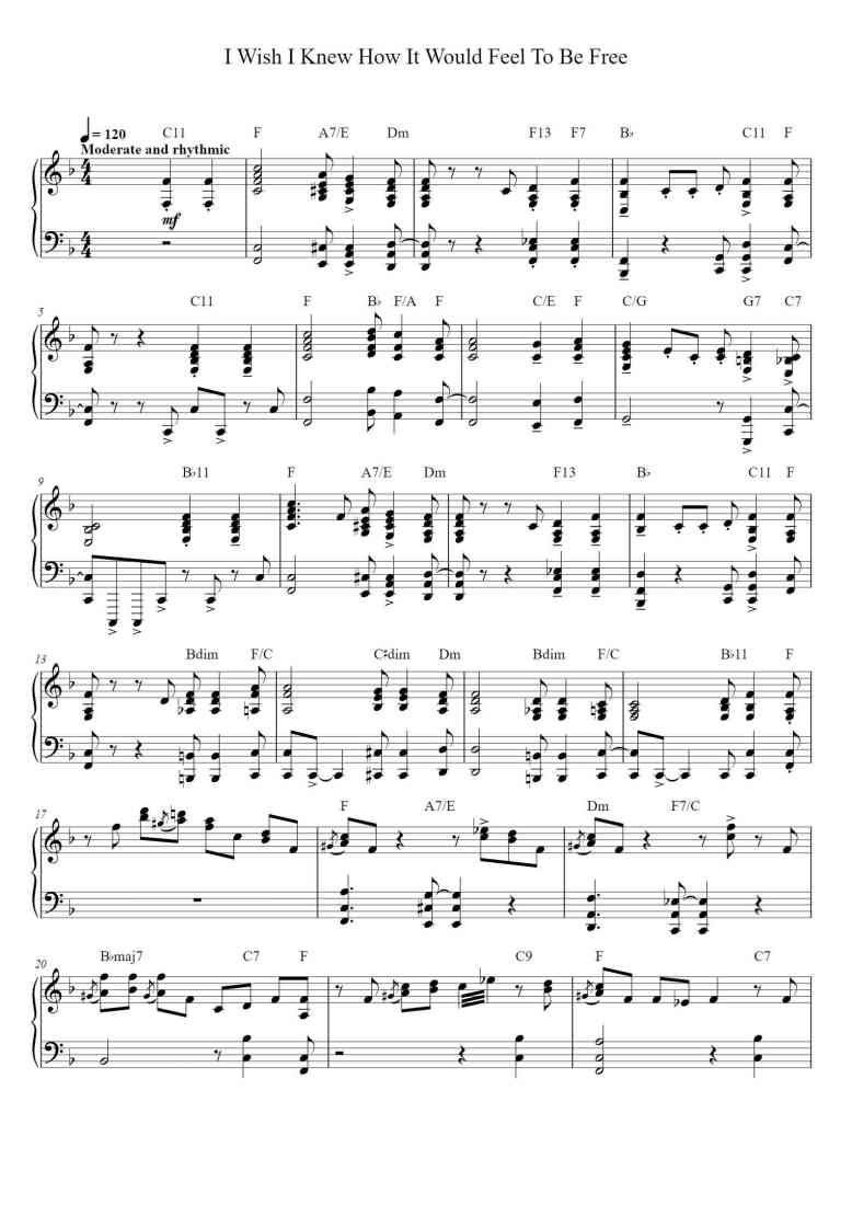 'I Wish I Knew How It Would Feel to Be Free' - Piano Sheet Music By ...