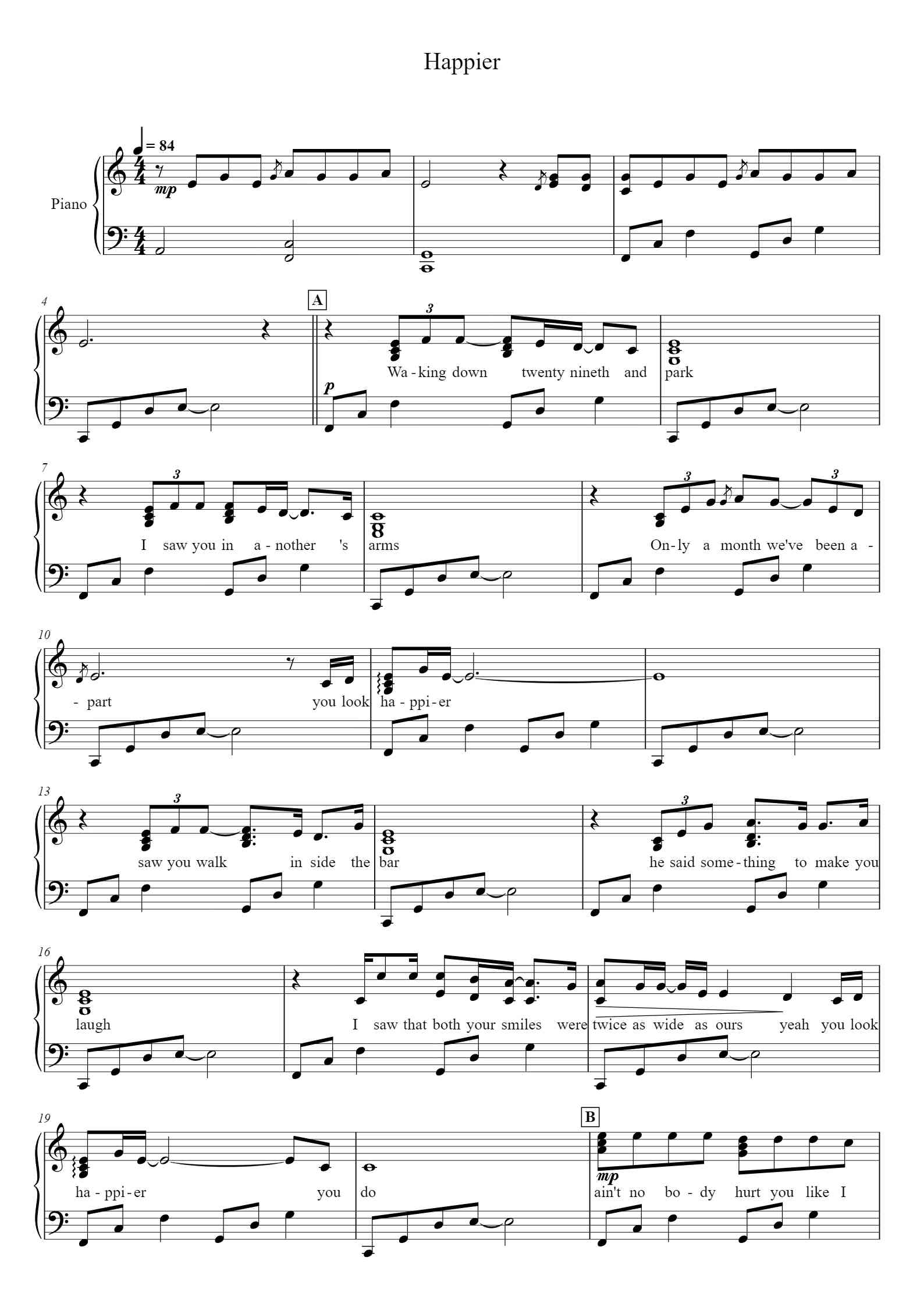 'Happier' - Piano Sheet Music By Ed Sheeran Arrangement by saya | TOPiano