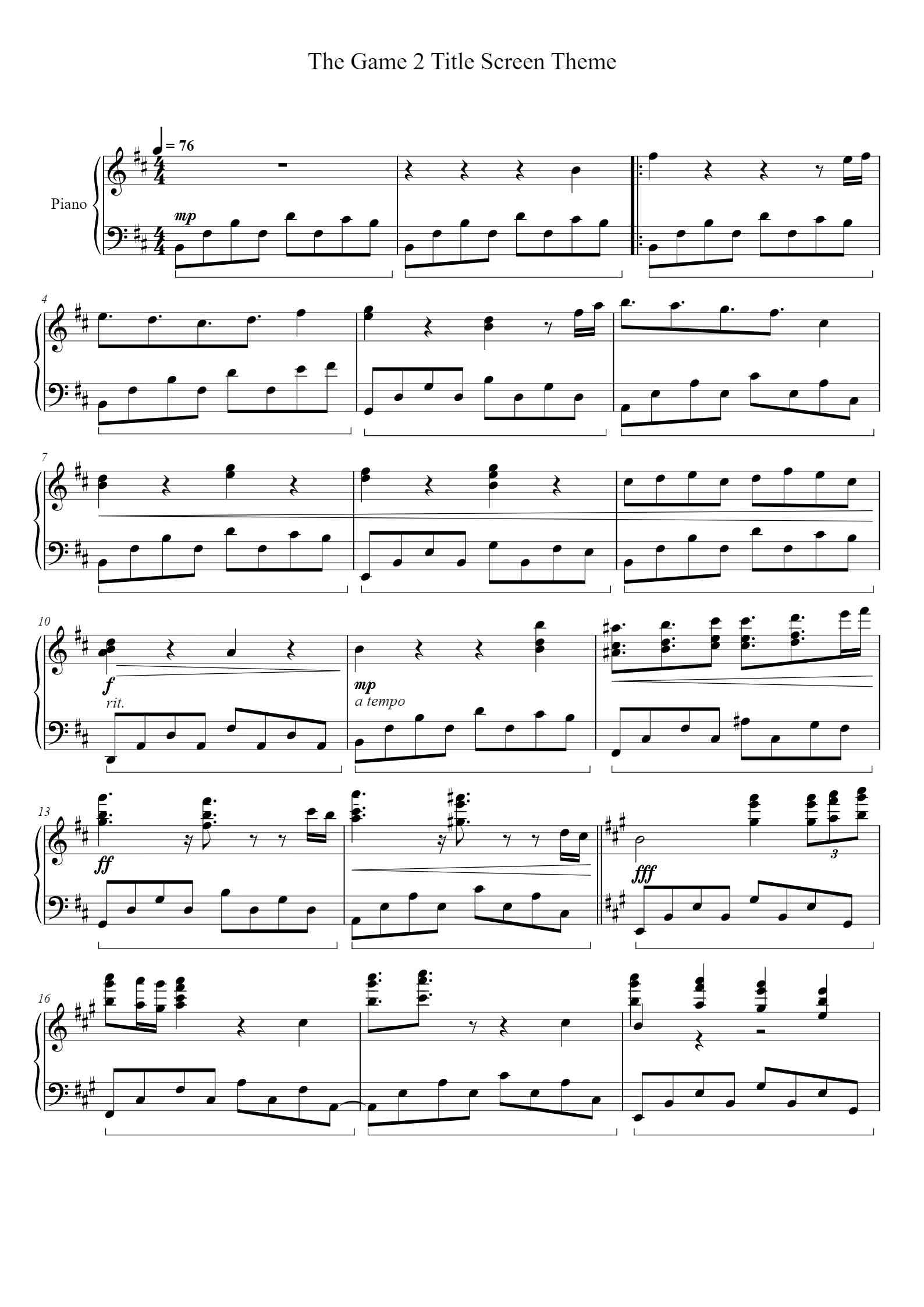'The Game 2 Title Screen Theme' - Piano Sheet Music By Oogway Music ...