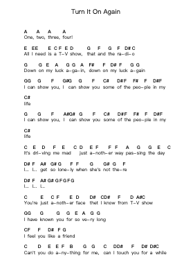 Turn It On Again Nota surat piano oleh Genesis - Arr.Bulgy Boylebaird