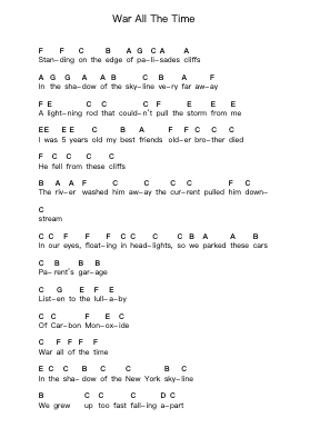 War All The Time Piano letter notes by Thursday - Arr.Rusden