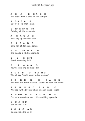 End Of A Century Piano letter notes by Blur - Arr.Beerthune