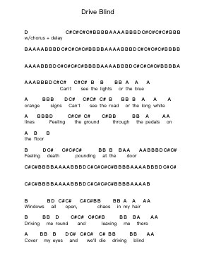 Drive Blind Piano letter notes by Ride - Arr.Efkirk