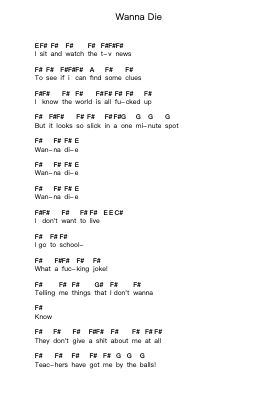 Wanna Die Piano letter notes by Screeching Weasel - Arr.Vioo'neil