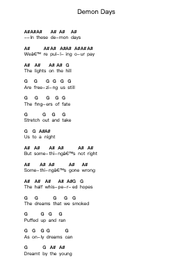 Demon Days Piano letter notes by Robert Forster - Arr.Osbrow Joeholt
