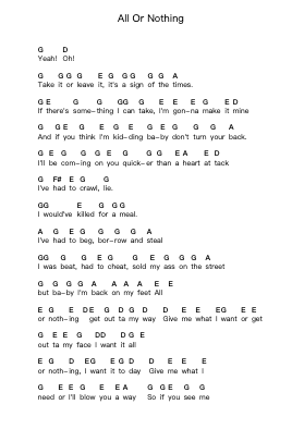 All Or Nothing Piano letter notes by Ratt - Arr.Bridrian
