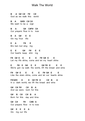 Walk The World Piano letter notes by Charlie Hall - Arr.Gwensen