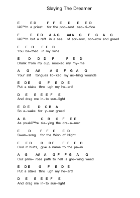 Slaying The Dreamer Piano letter notes by Nightwish - Arr.Greenblack Xawilde