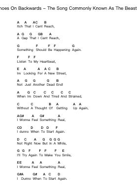 Shoes On Backwards - The Song Commonly Known As The Beast Piano letter notes by Misc Unsigned Bands - Arr.Gardi Clairero