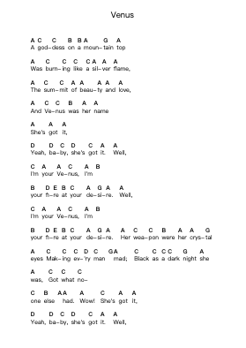 Venus โน้ตตัวอักษรเปียโนโดย Shocking Blue - Arr.Faulkvy