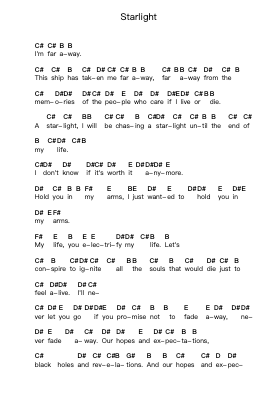 Starlight Piano letter notes by Muse - Arr.Oisenrob Clyger