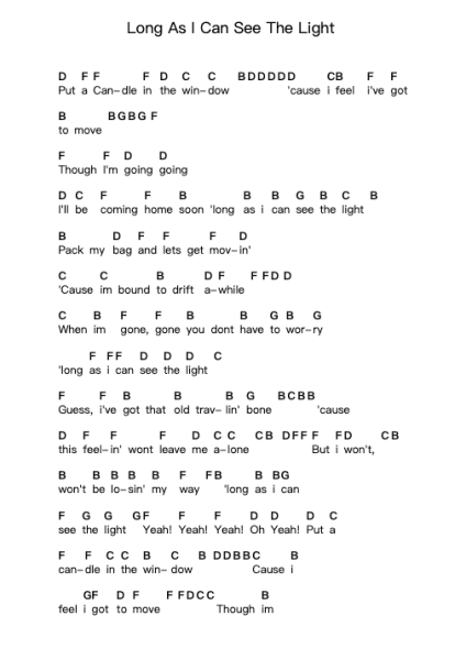 Long As I Can See The Light Piano letter notes by Creedence Clearwater Revival - Arr.Yearod