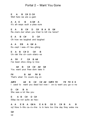 Portal 2 - Want You Gone Piano letter notes by Misc Computer Games - Arr.Bairdbian Lystan