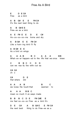 Free As A Bird Piano letter notes by The Beatles - Arr.Ogreen Belker