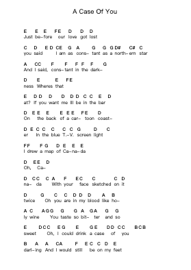 A Case Of You Piano letter notes by Joni Mitchell - Arr.Stelbush Freglas