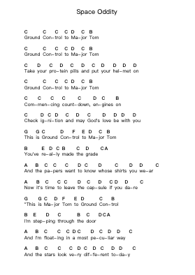 Space Oddity Piano letter notes by David Bowie - Arr.Galchard