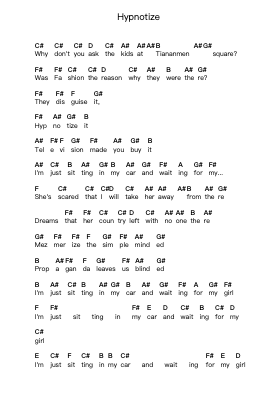 Hypnotize Piano letter notes by System Of A Down - Arr.Cocroft Blairkins