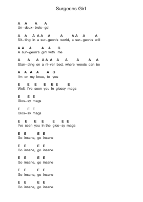 Surgeons Girl Piano letter notes by Wire - Arr.Yuledon