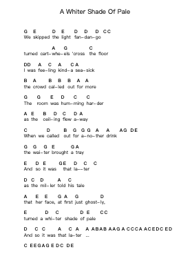 A Whiter Shade Of Pale Piano letter notes by Procol Harum - Arr.Asdict