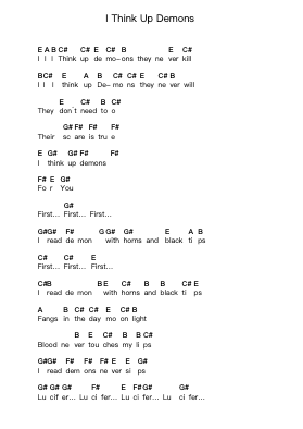 I Think Up Demons Piano letter notes by Roky Erickson - Arr.Derkins
