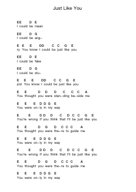 Just Like You Piano letter notes by Three Days Grace - Arr.Maudky Clairebey