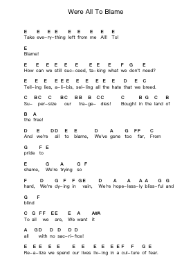 Were All To Blame Piano letter notes by Sum 41 - Arr.Odemick