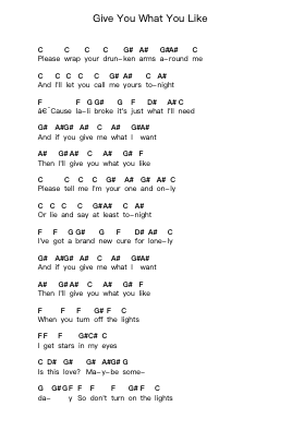 Give You What You Like Piano letter notes by Avril Lavigne - Arr.Rayward