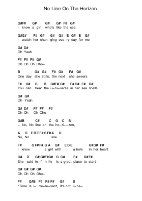 No Line On The Horizon Piano letter notes by U2 - Arr.Boycegold