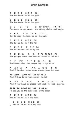 Brain Damage Piano letter notes by Pink Floyd - Arr.Colyork