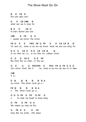The Show Must Go On Piano letter notes by Queen - Arr.Leeles Stoweser