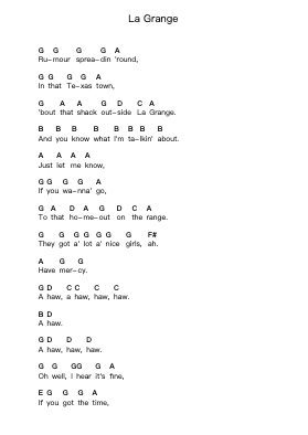 La Grange Piano letter notes by ZZ Top - Arr.Galsnick Theothew