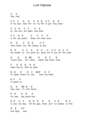 Lost Highway Piano letter notes by Shaun Mcintosh - Arr.Toutpeg