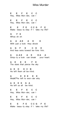 Miss Murder Piano letter notes by AFI - Arr.Roykiel