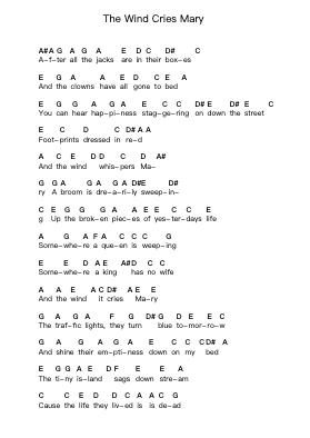 The Wind Cries Mary Piano letter notes by Jimi Hendrix - Arr.Benga