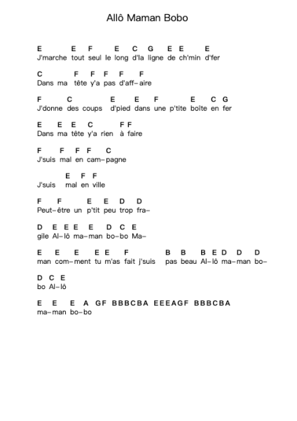Allô Maman Bobo Piano letter notes by Alain Souchon - Arr.Doydy Steinhal