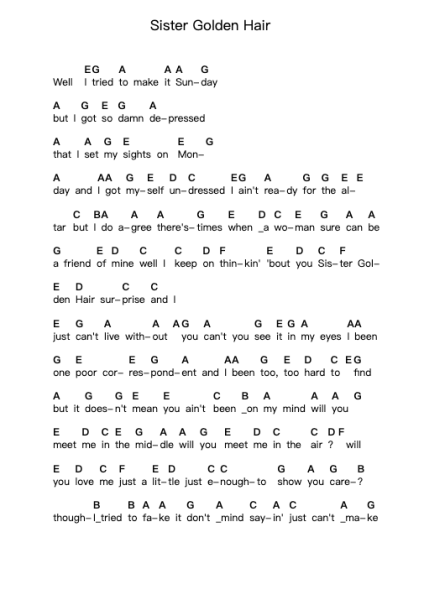 Sister Golden Hair Piano letter notes by America - Arr.Virquinn Hoodvid
